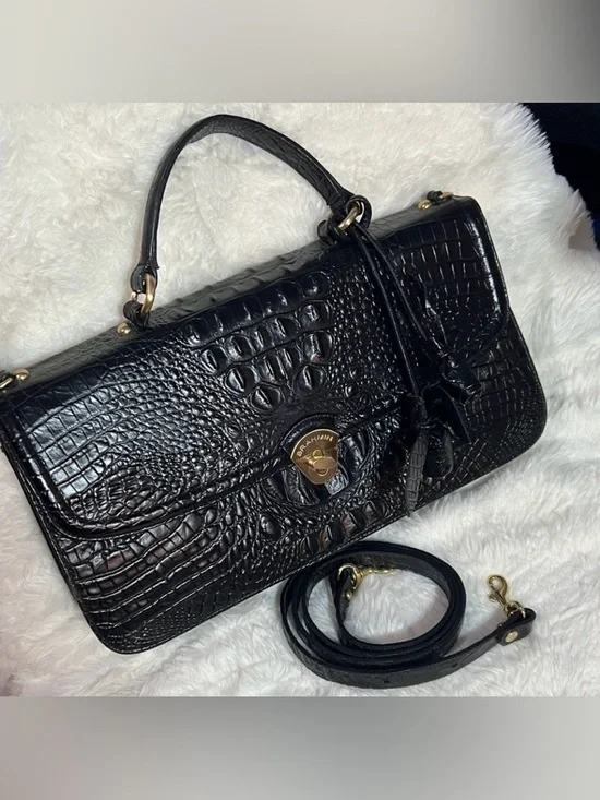 Brahmin Black Croc-Embossed Barrel Bag with Crossbody Strap - Picture 14 of 15